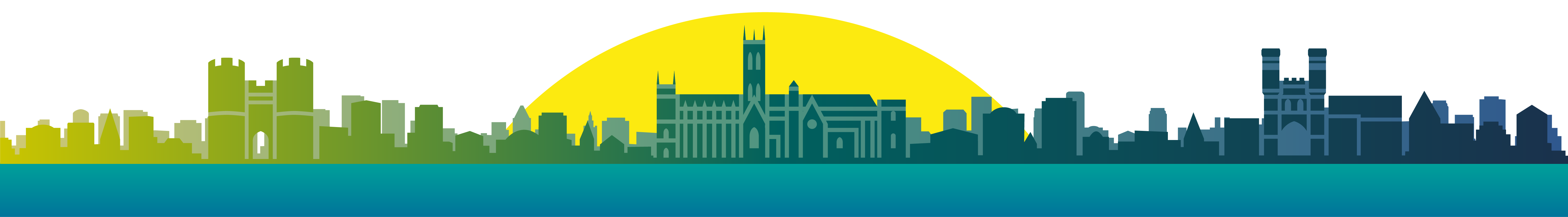 A simple illustration of the Canterbury skyline in a blue-green gradient, with a yellow sun behind the cathedral